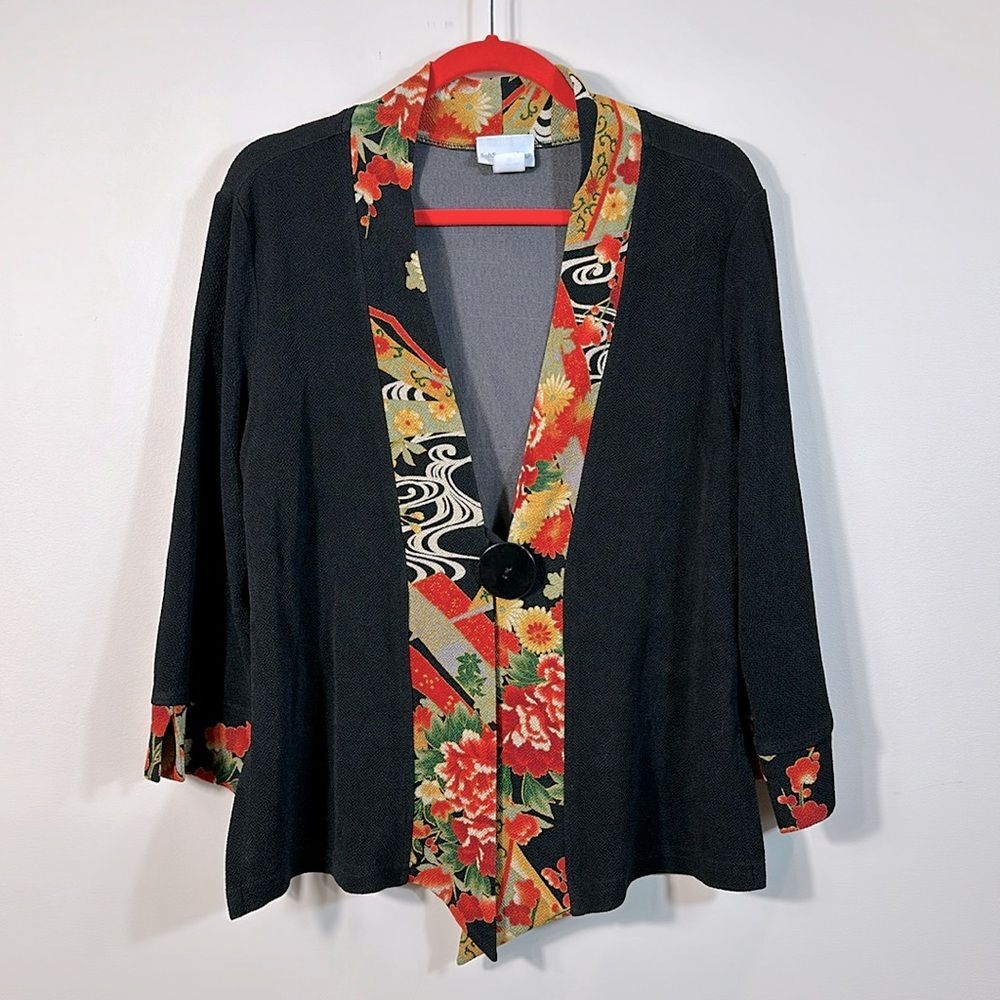 Soft Surroundings Kimono Jacket Women Medium One Button Floral Black Lightweight